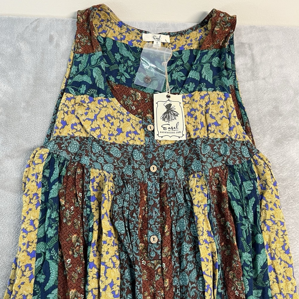 Easel NWT Patchwork Floral Jumper Dress Women's Small Boho Sleeveless Maxi - Picture 2 of 13